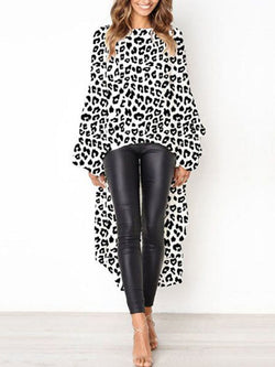 Leopard Printed Long Sleeves Irregular Hem Top T-shirt