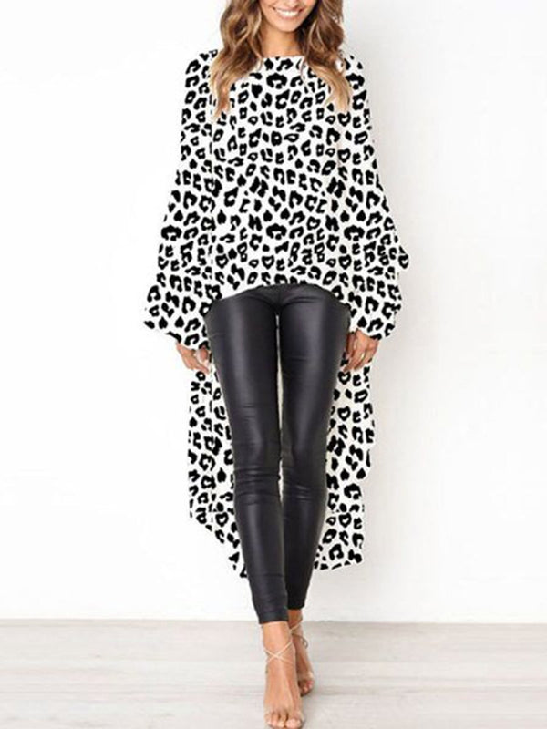 Leopard Printed Long Sleeves Irregular Hem Top T-shirt