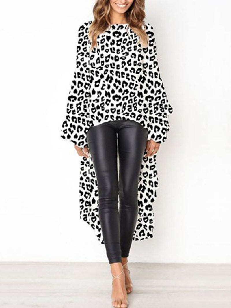 Leopard Printed Long Sleeves Irregular Hem Top T-shirt