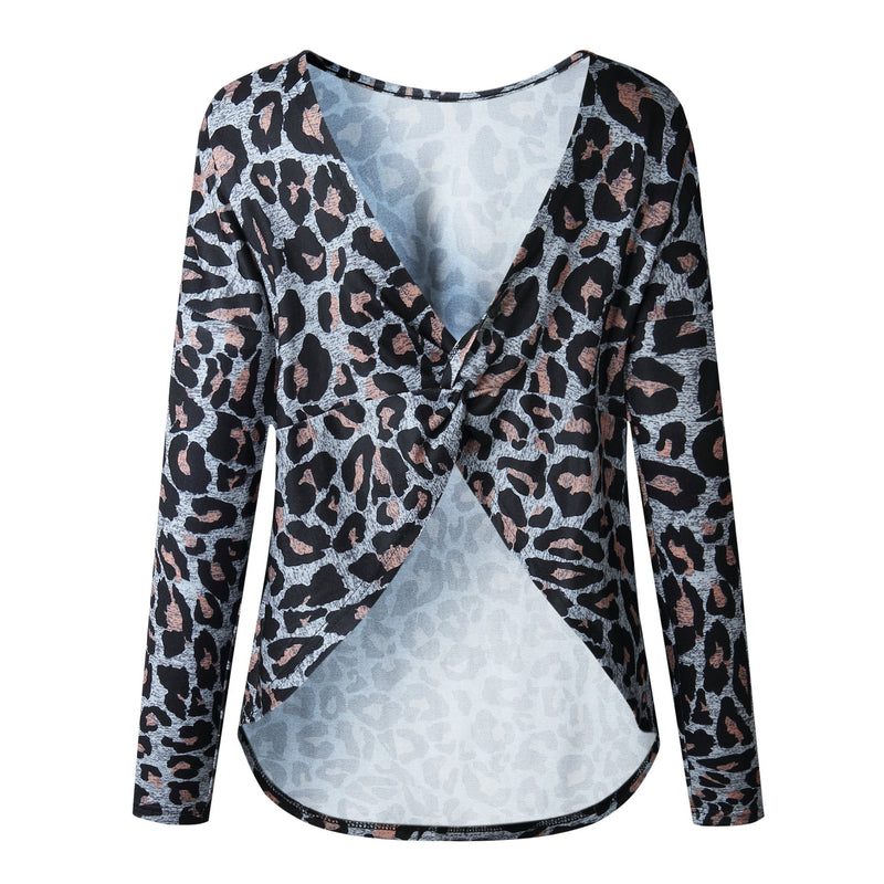 Leopard Printed Long Sleeves Backless T-shirt Top