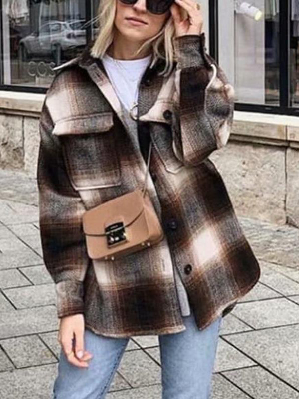 Casual Color Block Plaid Wool Blend Shirt Jacket