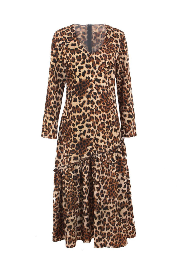 Leopard Printed V-neck Long Sleeves Maxi Dress