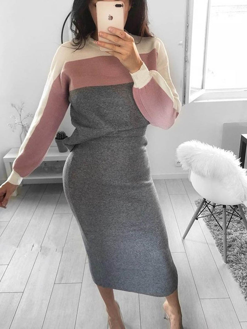 Crew-neck Long Sleeves Stitching Bodycon Dress - Landing Closet