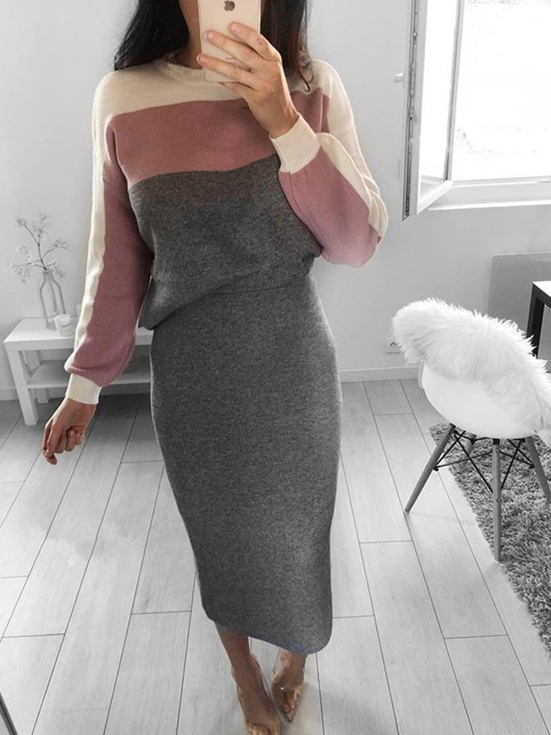 Crew-neck Long Sleeves Stitching Bodycon Dress - Landing Closet