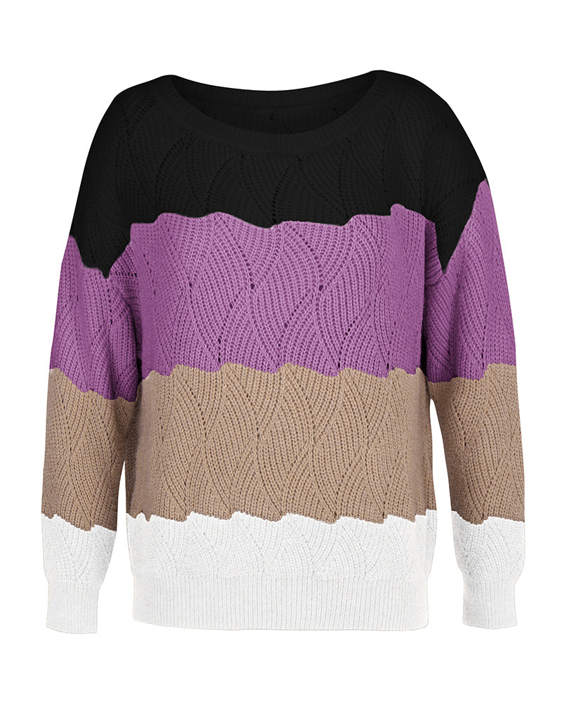 Off Shoulder Knit Color Block Casual Sweater