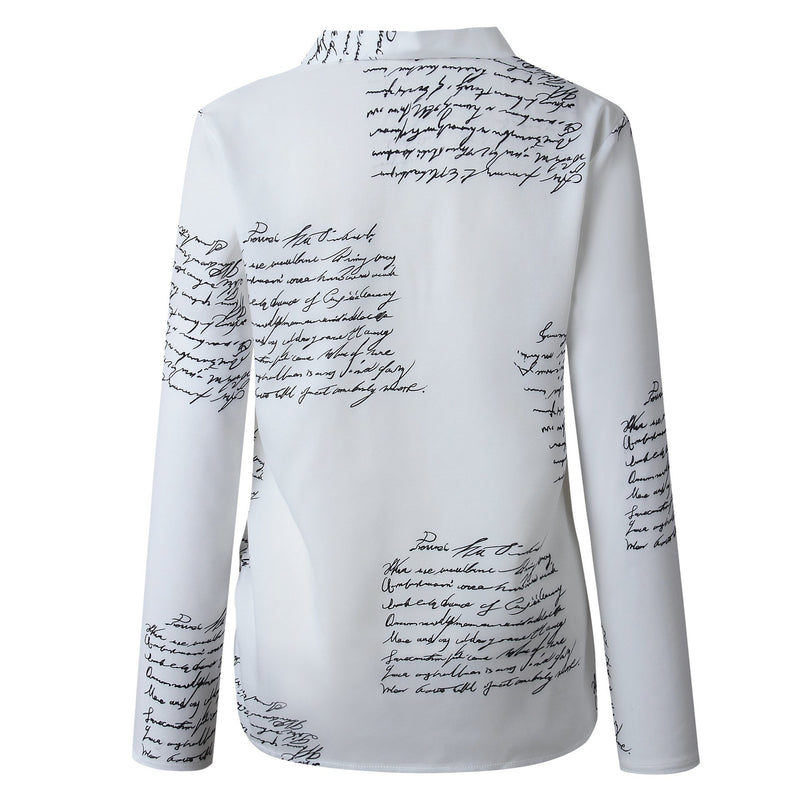 V-neck Long Sleeves Button Letters Printed T-shirt Blouse Top