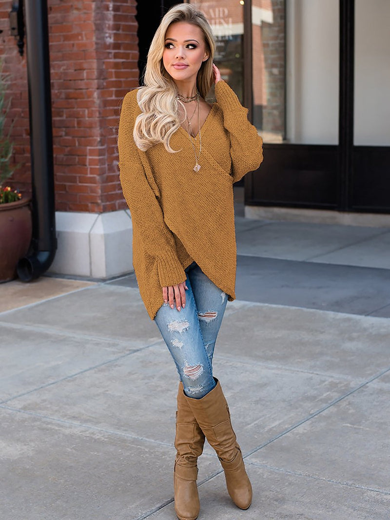 Deep V-neck Wrap Knitted Sweater - Landing Closet