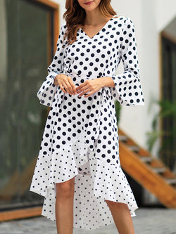 Trumpet Long Sleeves Polka Dot Printed V-neck Asymetric Midi Dress