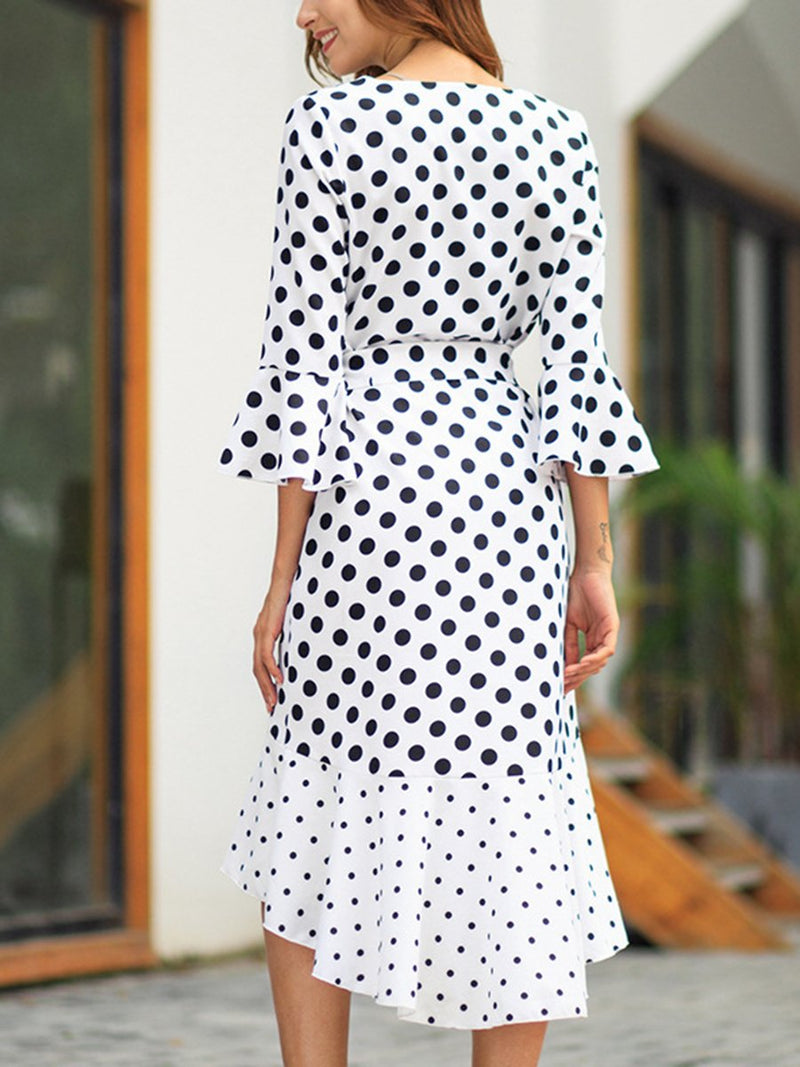 Trumpet Long Sleeves Polka Dot Printed V-neck Asymetric Midi Dress