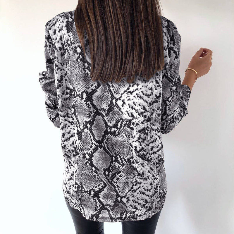 Leopard Printed Deep V-neck Long Sleeves Blouse Top