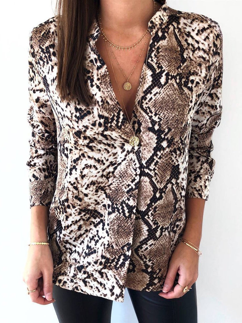 Leopard Printed Deep V-neck Long Sleeves Blouse Top