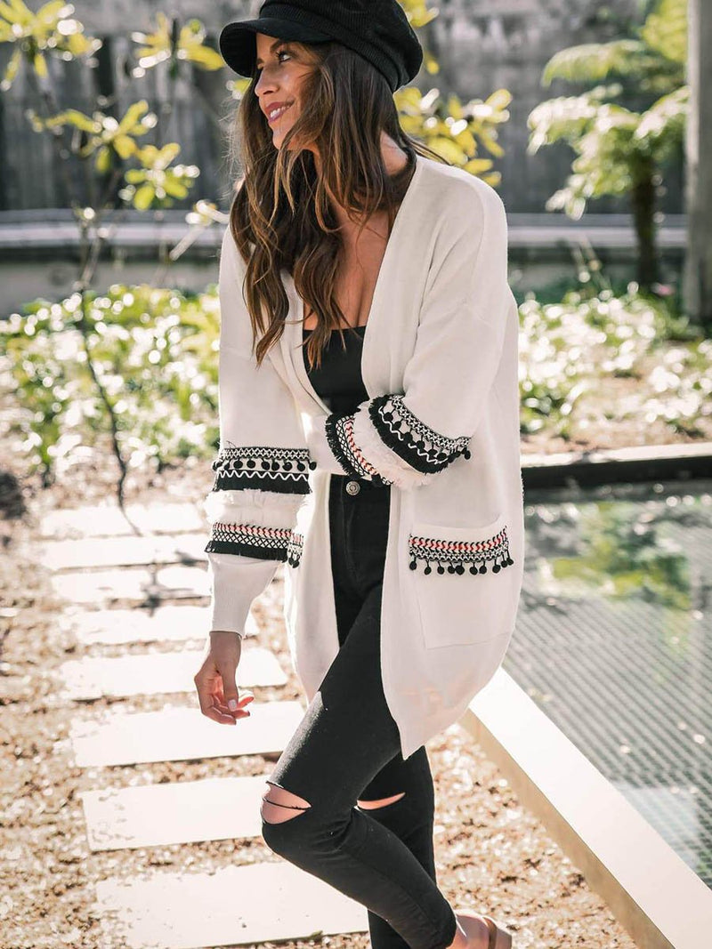 Front Open Long Sleeves Pocketed Cardigan Sweater