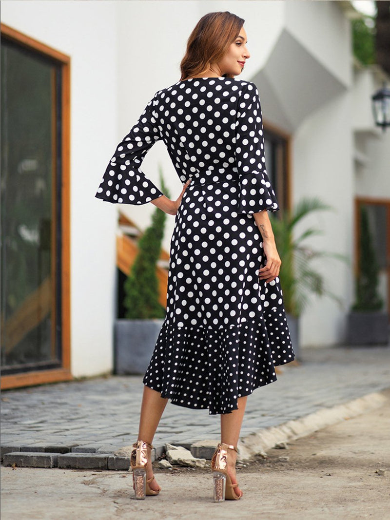 Trumpet Long Sleeves Polka Dot Printed V-neck Asymetric Midi Dress