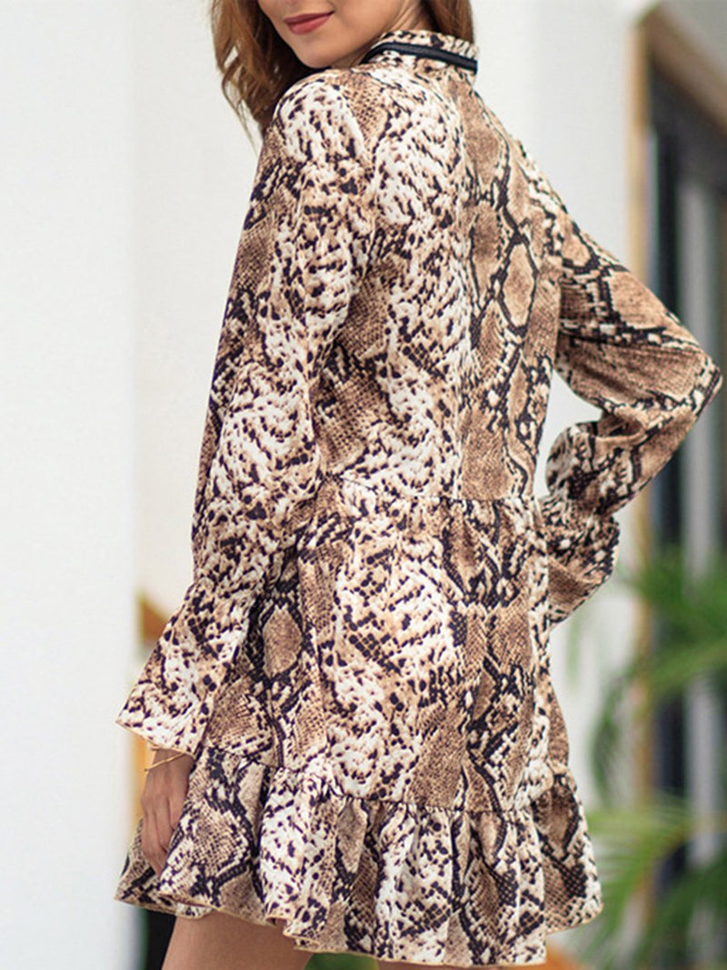 Deep V-neck Leopard Printed Long Sleeves Mini Dress - Landing Closet