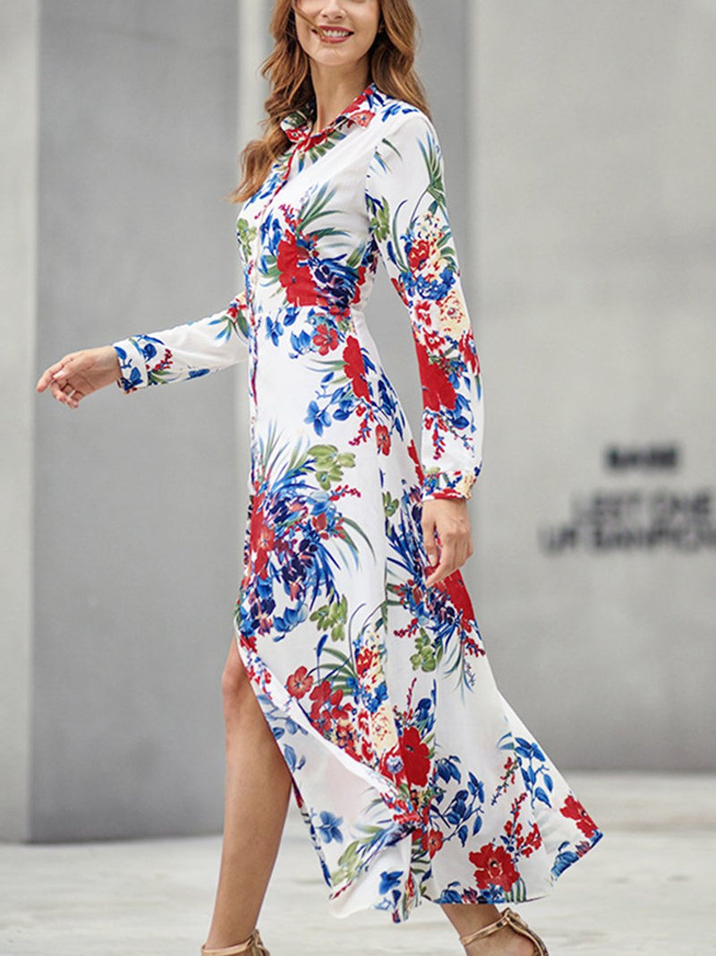 Floral Printed Long Sleeves Front Slit Maxi Dress