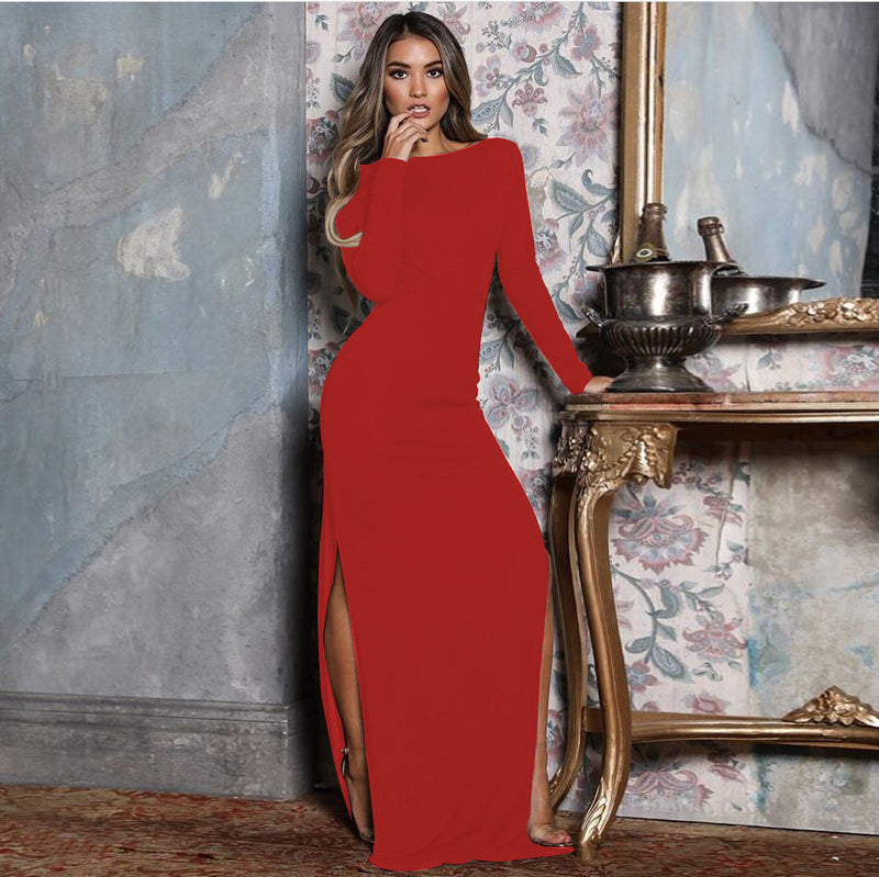 Backless Side Split Long Sleeve Maxi Dress