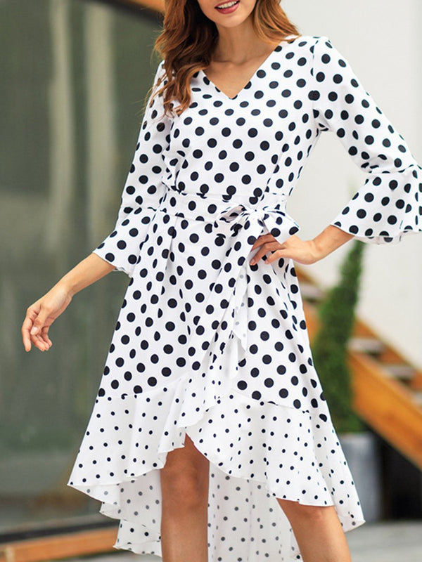 Trumpet Long Sleeves Polka Dot Printed V-neck Asymetric Midi Dress