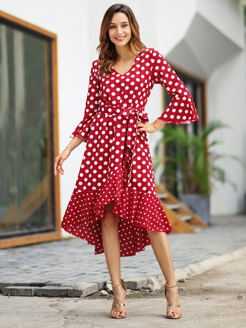 Trumpet Long Sleeves Polka Dot Printed V-neck Asymetric Midi Dress