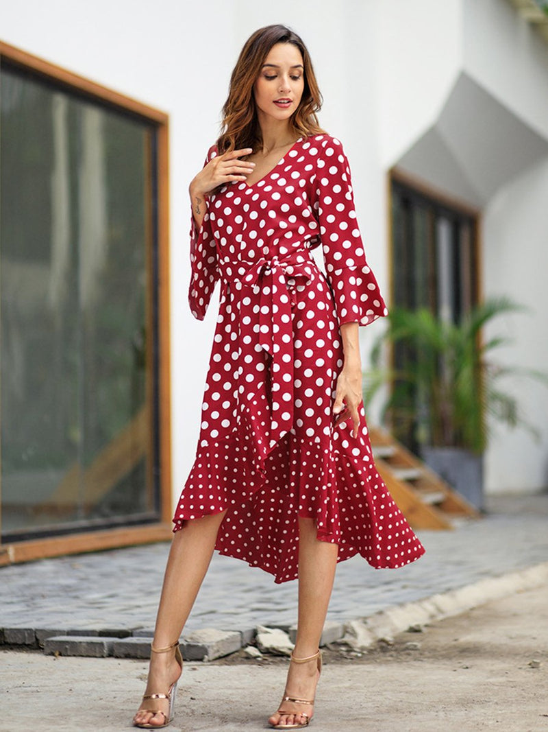 Trumpet Long Sleeves Polka Dot Printed V-neck Asymetric Midi Dress