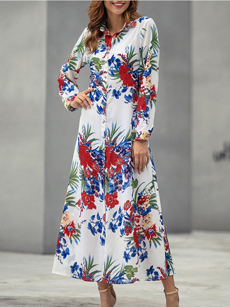 Floral Printed Long Sleeves Front Slit Maxi Dress