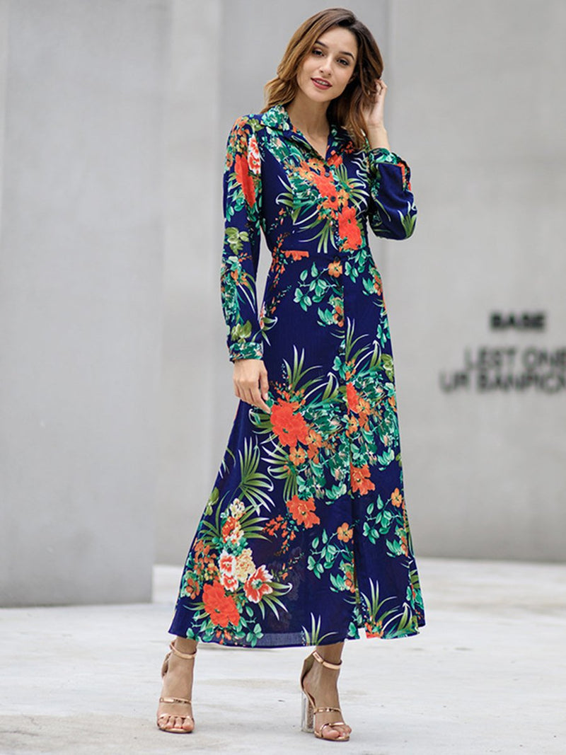 Floral Printed Long Sleeves Front Slit Maxi Dress