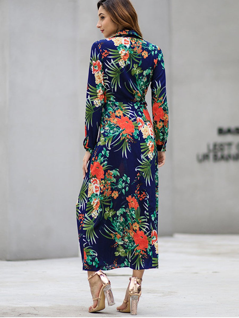 Floral Printed Long Sleeves Front Slit Maxi Dress