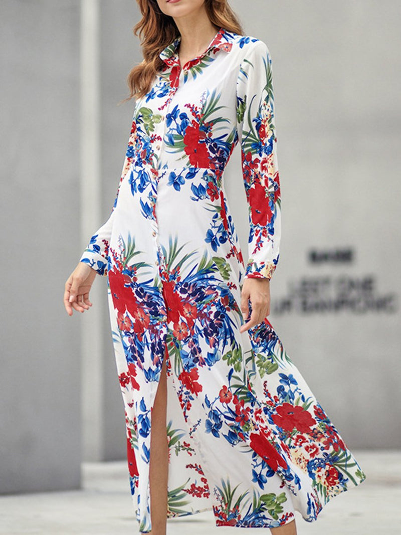 Floral Printed Long Sleeves Front Slit Maxi Dress