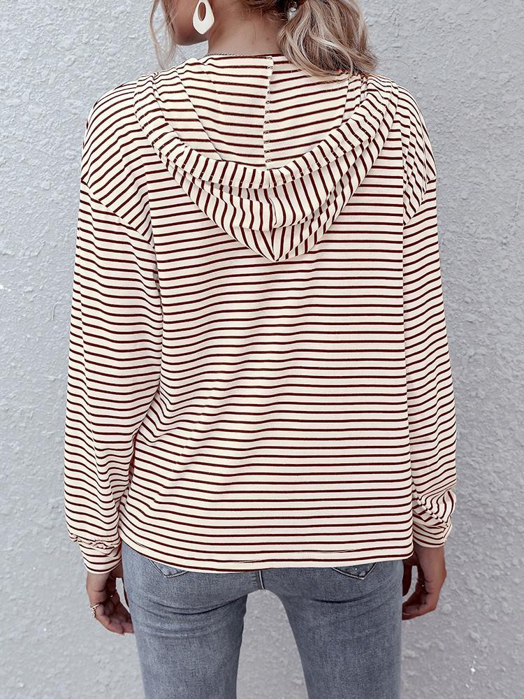 Striped Pocket Drawstring Loose Hoodie