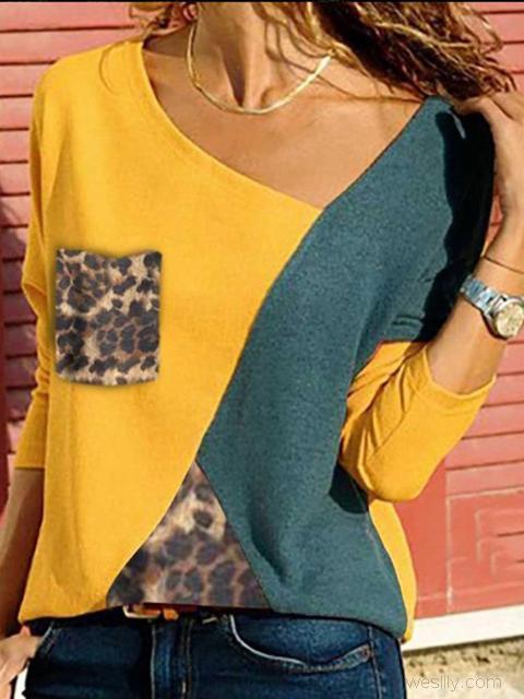 Color Block Stitched Leopard Pocket Tops