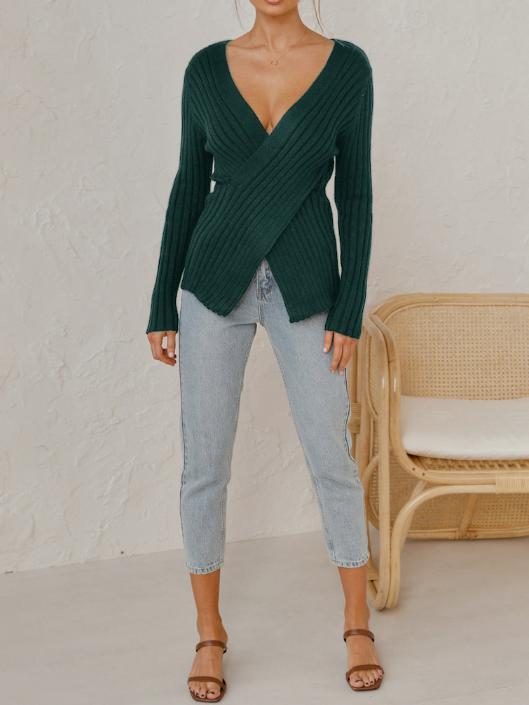 Cross V Neck Long Sleeve Knitted Sweater Top