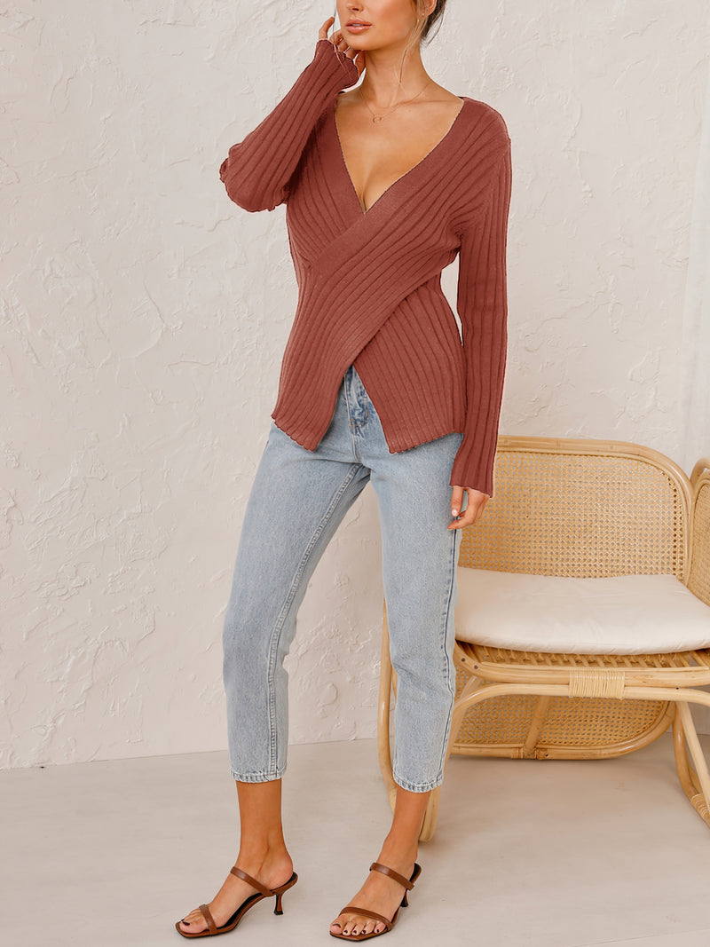 Cross V Neck Long Sleeve Knitted Sweater Top