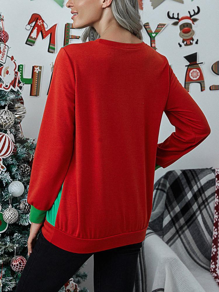 Christmas Print Splicing Long Sleeve T-shirt