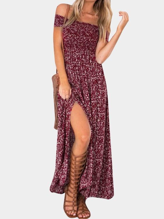 Floral Print Off Shoulder Splited Hem Maxi Dresses - Landing Closet