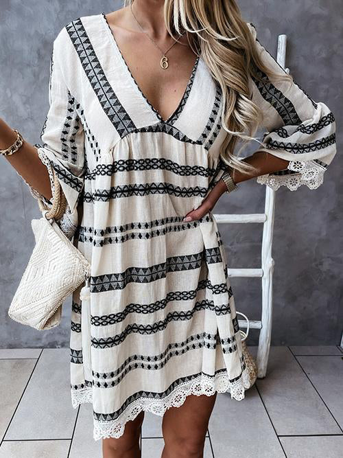 Print Lace Hem V Neck Mini Dress