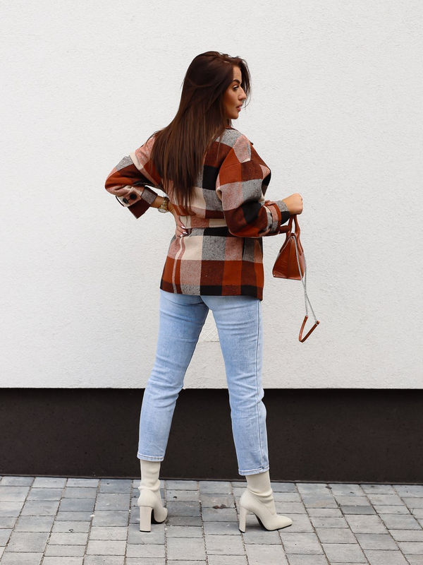 Long Sleeve Collar Asymmetric Plaid Coat