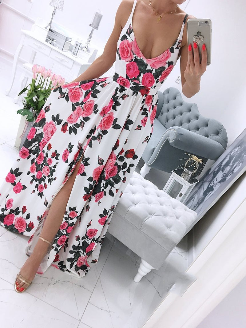 Spaghetti Strap Sleeveless Floral Side Split Maxi Dress