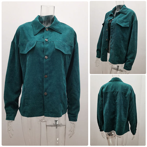 Long Sleeves Button Down Collar Corduroy Jacket Shirt for Women