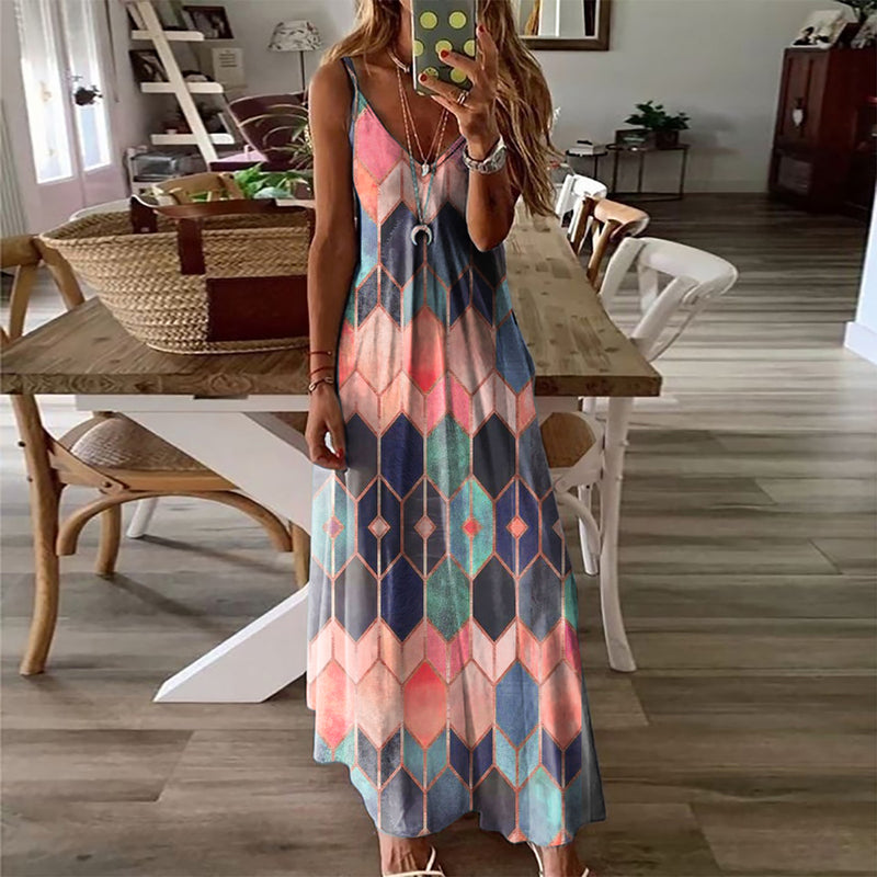 Spaghetti Strap Backless Sleeveless Tie-dye Long Maxi Dress