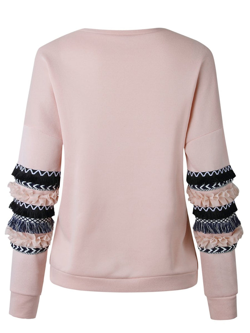 Stitching Printed Long Sleeves Crew-neck Pullover