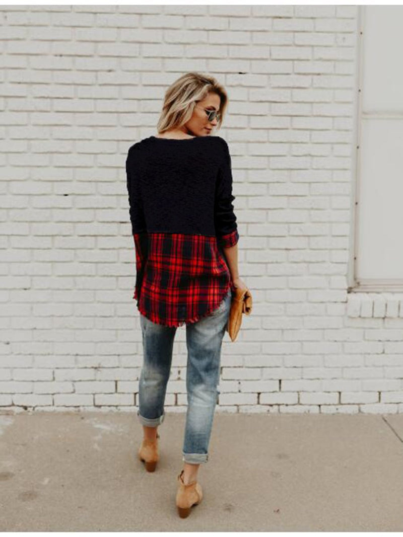 Stitching Plaid Round Neck Long Sleeves T-shirt