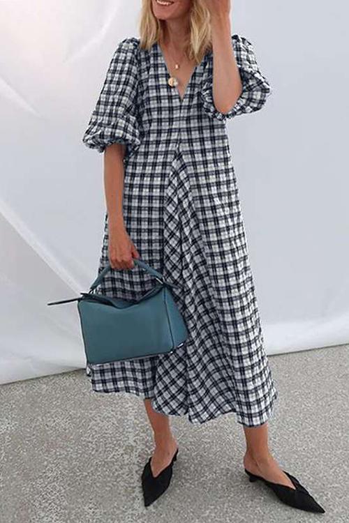 V Neck Lantern Sleeve Plaid Swing Midi Dress