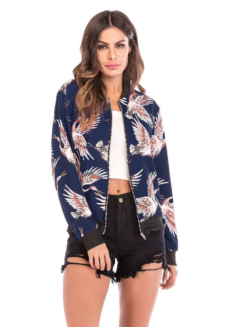 Women Casual Crane Print Fall Baseball Jackect