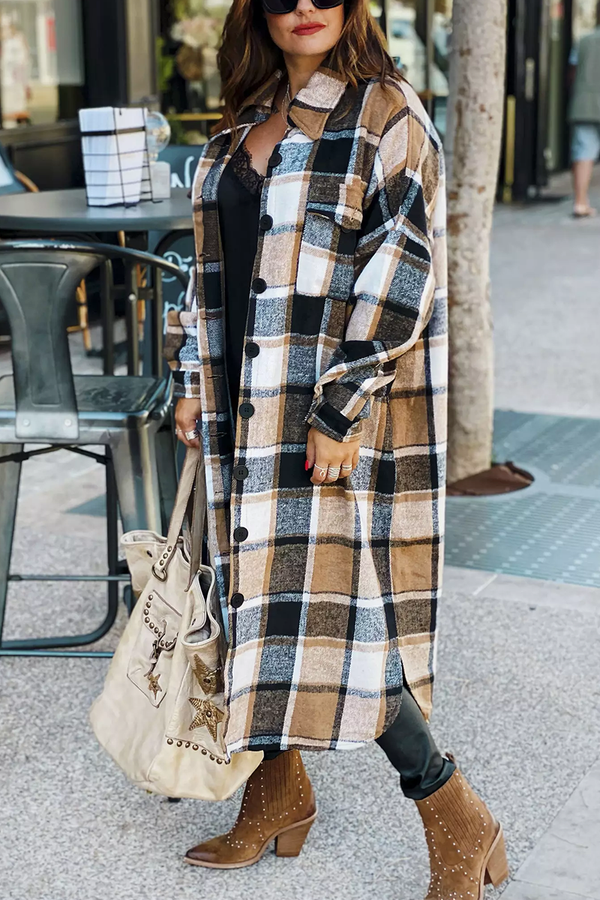 Lapel Plaid Print Woolen Long Coat