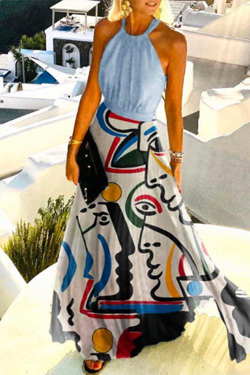 Sleeveless Halter Abstract Printed Pleated Maxi Dress