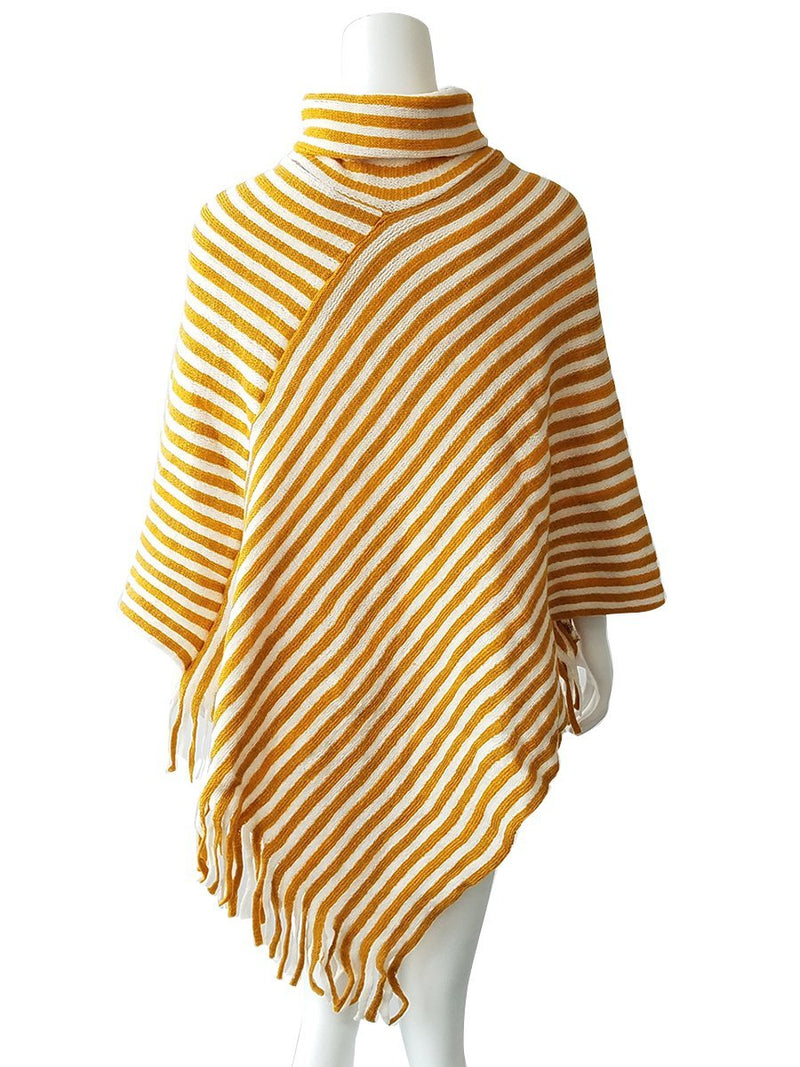 Striped Cape With Turtleneck Knitted Pullover