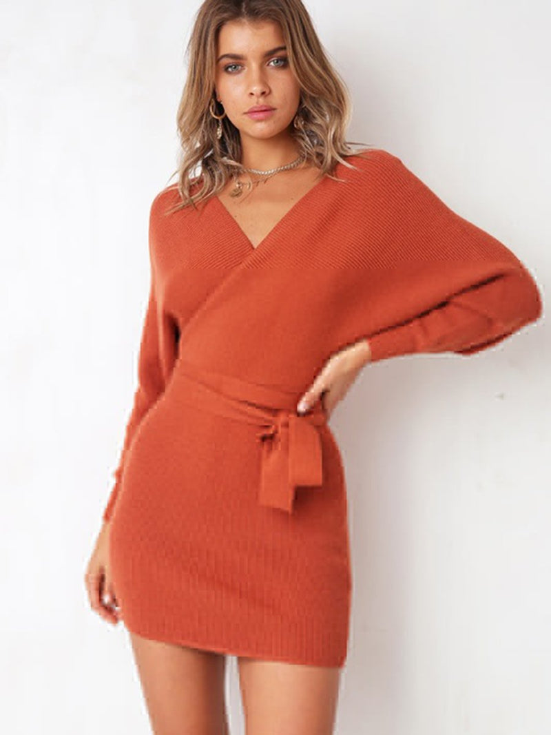 V-neck Knit Waist Belt Long Sleeves Sweater Dress