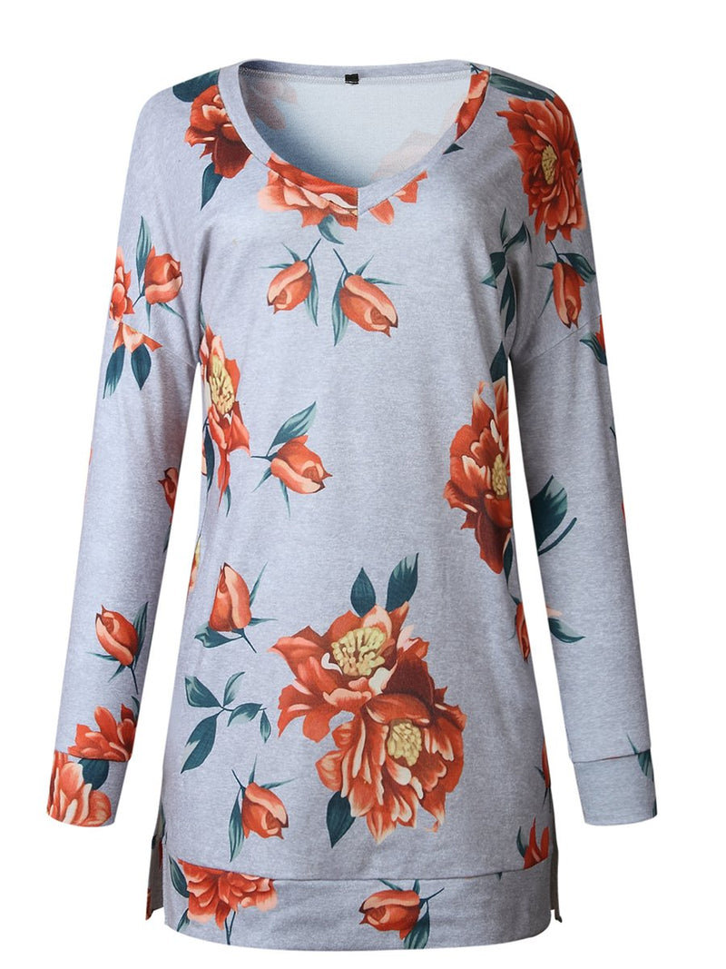 Floral Printed V-neck Long Sleeves Side Slit Pullover Top