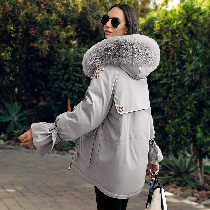 Zip Up Front Pocket Fur Collar Jacket Coat