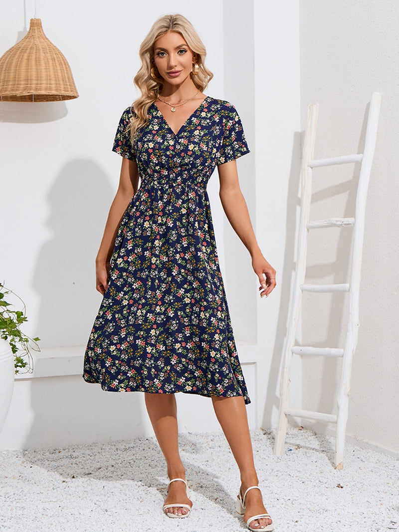 Classic V-neck Disty Floral Print High Waist Maxi Dress