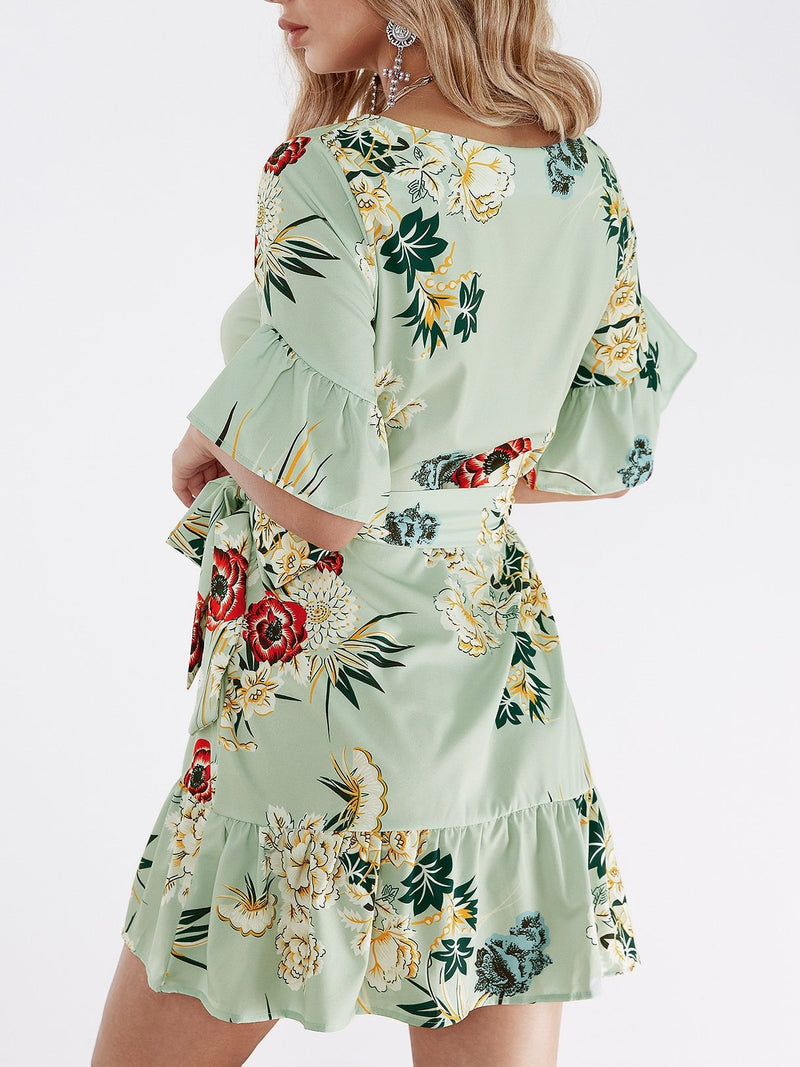 Green Random Floral Print Mini Dress With Half Flared Sleeves - Landing Closet